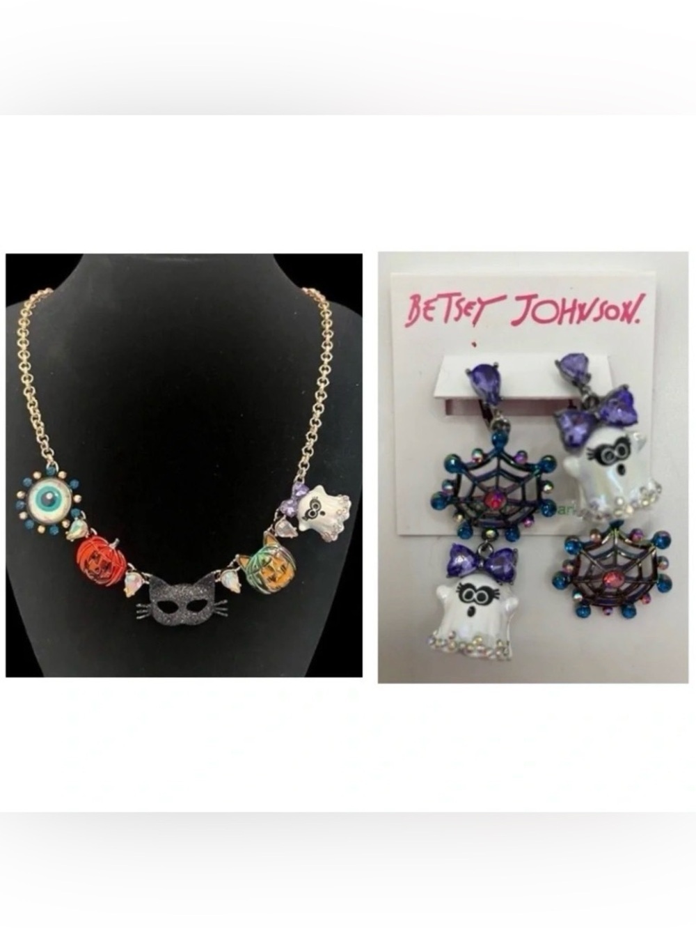 BETSEY JOHNSON SET Halloween Charm Necklace & Matching Ghost Earrings NEW NWT